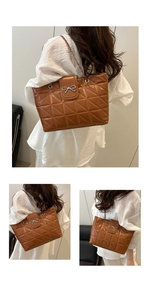 Detail of caramel brown quilted tote bag with silver bow clasp and chain strap