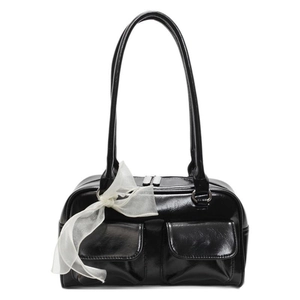 Glossy black leather Boston shoulder bag with front pockets and white bow detail