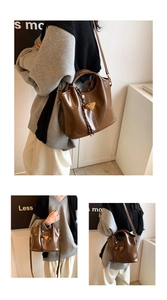 Detailed side, front and back views of a vintage brown leather tote bag for women