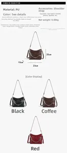 Detail view of stylish PU leather bucket bag with silver chain strap and size dimensions