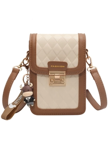 Chic quilted crossbody phone bag in cream and brown with metal clasp and charm
