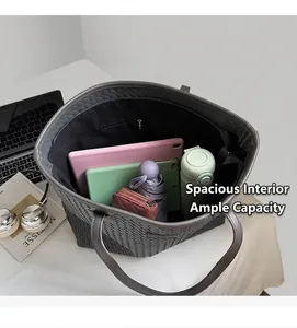 Interior detail of grey woven tote bag showing large capacity for laptop and daily essentials