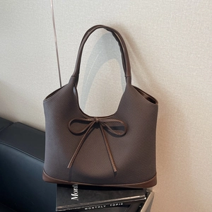 Women Large Capacity Woven Tote Bag Splicing Contrast Color Shoulder Bag With Bow Tie Decor For Daily Commute Casual Handbag