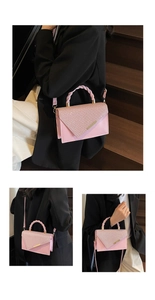 Pink diamond-studded handbag with woven handle shown in a three-grid fashion lifestyle layout
