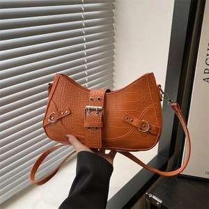 Women Baguette Bag Crocodile Embossed PU Leather Underarm Shoulder Crossbody Purse Vintage Y2K Style Silver Buckle Rivets