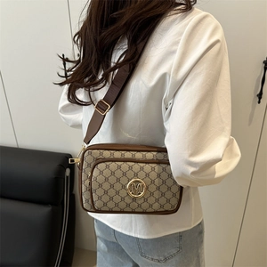 Retro monogram crossbody bag for women with dual zippers and wide leather strap