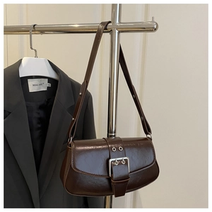 Detail of dark brown saddle bag with vintage leather texture and silver buckle