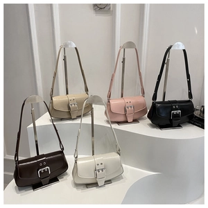 Collection of retro glossy shoulder bags with metallic buckles in five trendy colors