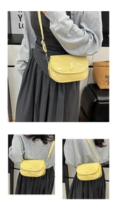 Collage of bright yellow gloss shoulder bag showing minimalist design and adjustable strap