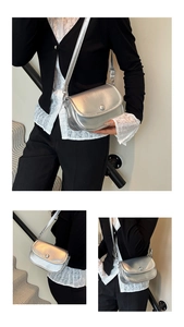 Multiple views of a metallic silver crossbody bag with a round buckle and flap closure