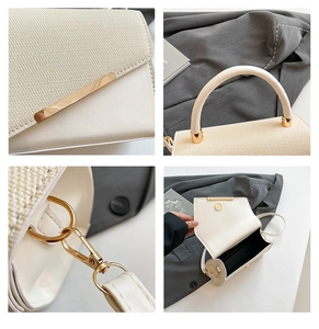 Detailed views of the cream woven handbag showing metal locks, handles and interior structure
