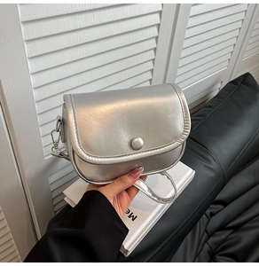 Detail of silver metallic mini flap bag with round buckle on white shutter background