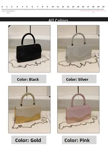 Chic glitter flap bag showing black, silver, gold, and pink color options with metal chain