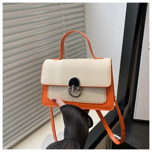 Detail of small orange and beige shoulder bag featuring silver twist-lock and top handle