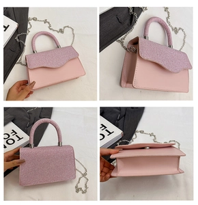 Detailed four-angle view of pink chain crossbody bag with glitter flap and silver strap