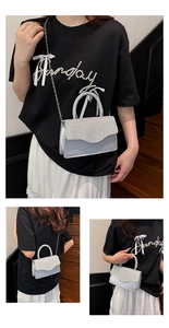 Detail of silver glitter flap handbag with wavy edge and metal chain strap shown in three views