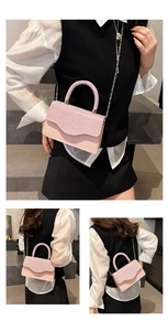 Detail of pink crossbody bag with sequin flap and leather texture from multiple angles