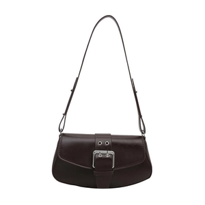 Retro dark brown leather underarm bag with a stylish silver metal buckle for women