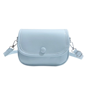 Minimalist light blue faux leather saddle bag with silver hardware and adjustable strap