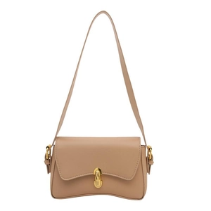 Elegant beige shoulder bag with gold twist lock and smooth leather finish in a front view