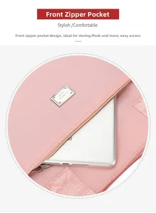 Detailed view of pink nylon tote bag front zipper pocket holding a tablet