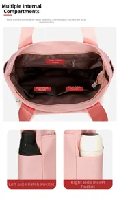 Pink nylon tote bag detail showing internal storage and side pockets for umbrella and cup