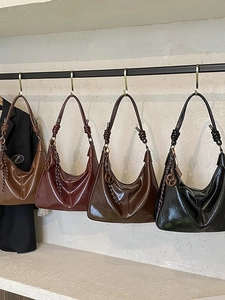 Sac Hobo Vintage en Cuir PU Brillant pour Femmes Grande Capacité Bandoulière Nouée Sac Fourre-tout Minimaliste Sac à Main