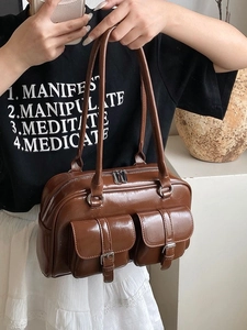 Retro dark brown large capacity shoulder bag with double pockets and silver metal hardware