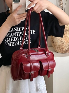 Retro wine red glossy faux leather shoulder bag with double buckle pockets and zipper