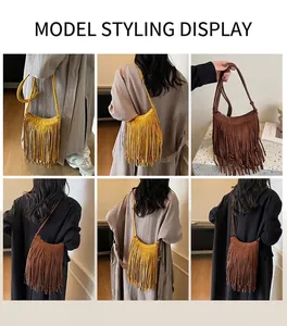 Multi-angle view of model carrying textured suede handbags with long fringe tassels