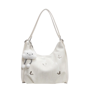 White hobo shoulder bag with silver butterfly charms and a cute cloud plush accessory