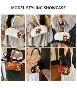 Collage of vintage oil wax leather shoulder bags in four colors with bear pendant