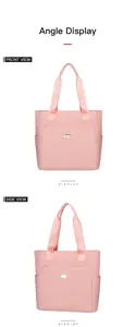 Detailed view of pink Oxford fabric tote bag with front zipper and side storage pockets