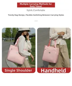 Outdoor lifestyle shot of pink nylon tote bag showing shoulder and hand-carry styles