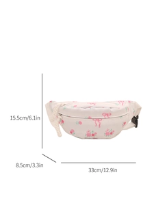 White floral waist bag with pink roses and butterflies, including product dimensions
