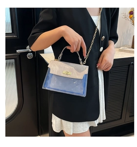 Close-up of transparent blue handbag featuring beige leather flap and gold turn-lock