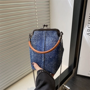 Retro Denim Kiss-lock Crossbody Bag For Women Rhinestone Handbag With Chain Strap Vintage Bucket Style Mini Shoulder Bag