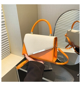 Detail of orange and beige patchwork handbag with silver bar buckle and leather handle
