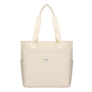 Beige solid minimalist tote bag with wide straps and side pockets for daily commuting