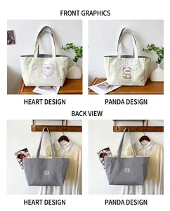 Detail view of corduroy tote bags showing panda and heart prints in split four-grid layout