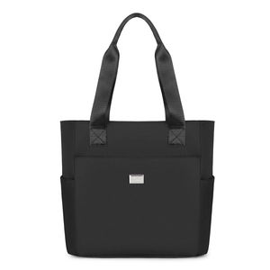 Minimalist black large capacity nylon tote bag with silver plate and side pockets