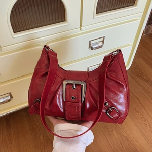 Women Retro PU Leather Underarm Shoulder Bag Distressed Y2K Style Large Buckle Single Strap Solid Color Fashion Handbag