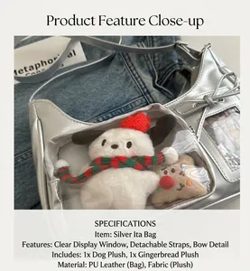 Close-up of silver PU leather ita bag featuring a clear display window and bow detail