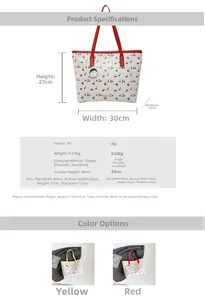 Detailed spec chart for cherry print tote bag with dimensions and material info