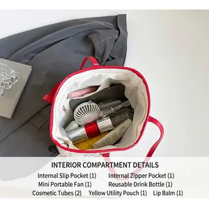 Detailed interior view of a cherry tote bag showing large capacity for daily items