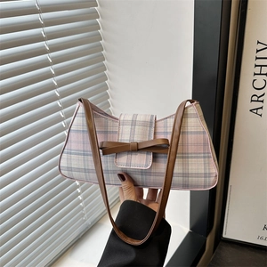 Women Plaid Underarm Bag PU Leather Bowknot Shoulder Bag Retro Checkered Crossbody Bag Japanese Style Casual Handbag Gift