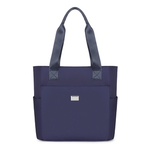 Large navy blue nylon tote bag with front pocket and double handles for daily commute