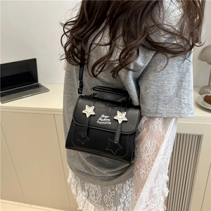 Fashionable black PU leather crossbody square bag with star pattern and silver star charms