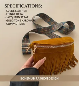 Detail of fringe tassels and bohemian patterned strap on a mustard yellow suede crossbody bag