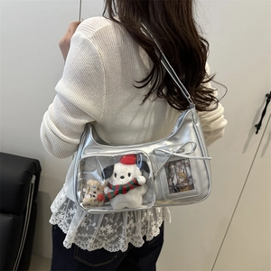 Sac hobo argenté avec fenêtre transparente et peluche intégrée pour l'été 2025 mode